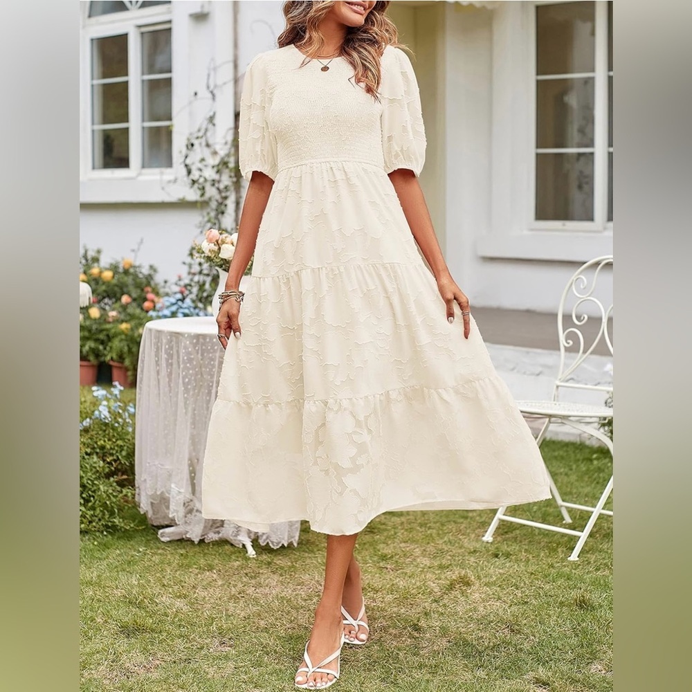 Merokeety Women's Puff Sleeve Smocked Dress Crewneck Lace Midi